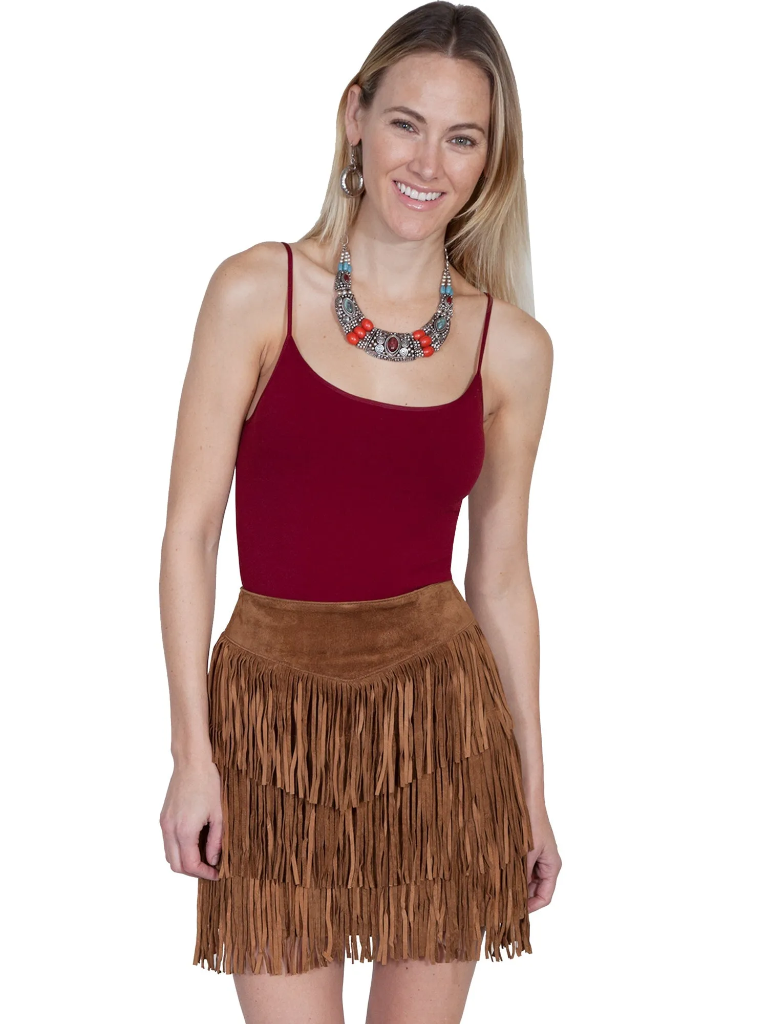 Traveler Gear Luxury Relaxed Thigh Cut Scully Womens Cinnamon Boar Suede Fringe Skirt