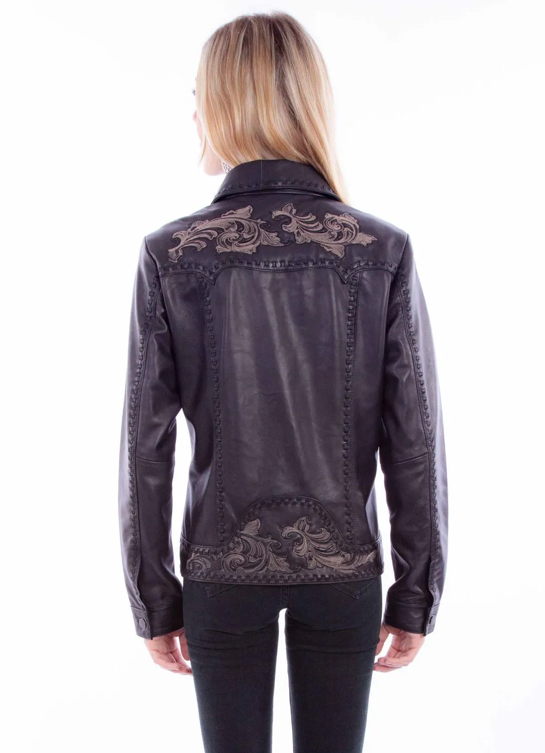Casual Style Slim Silhouette Scully Womens Classic Scroll Embroidery Black Leather Leather Jacket