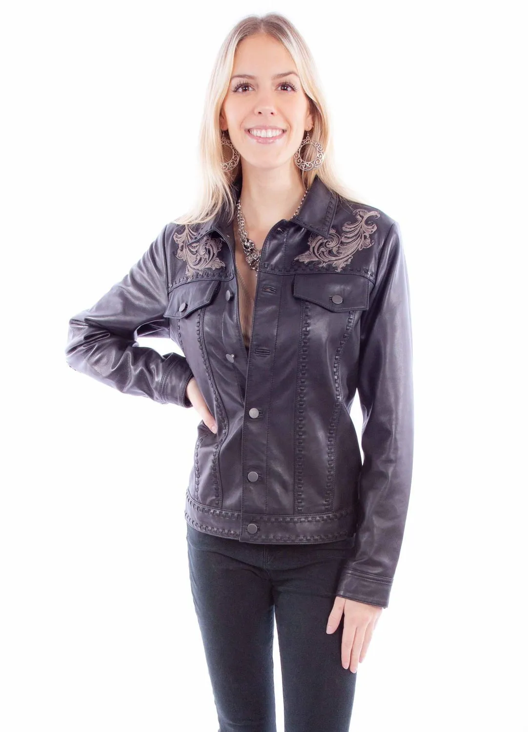 Utility Style Scully Womens Classic Scroll Embroidery Black Leather Leather Jacket