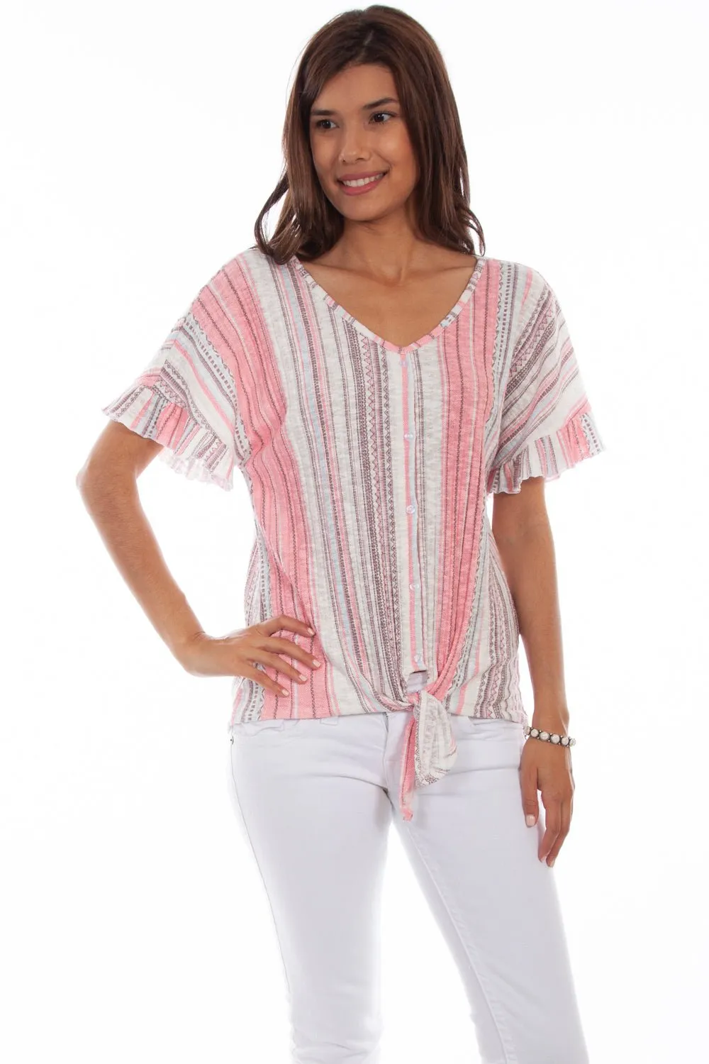 Bold Traveler Gear Scully Womens Clay/Coral Cotton Blend Tie Front S/S Blouse