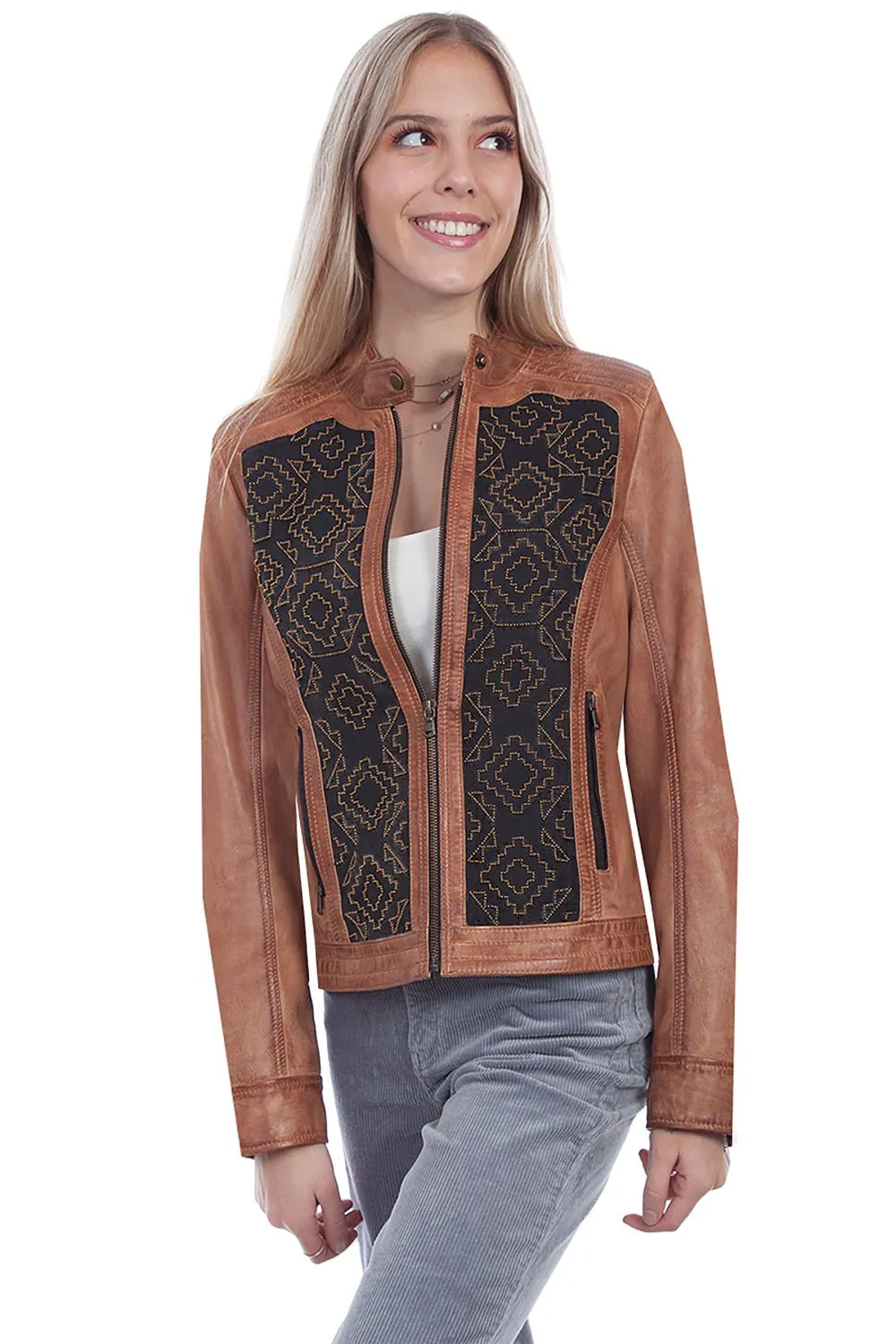 Scully Womens Cognac Lamb Leather Beaded Panel Jacket All Around Fit Cool Essential