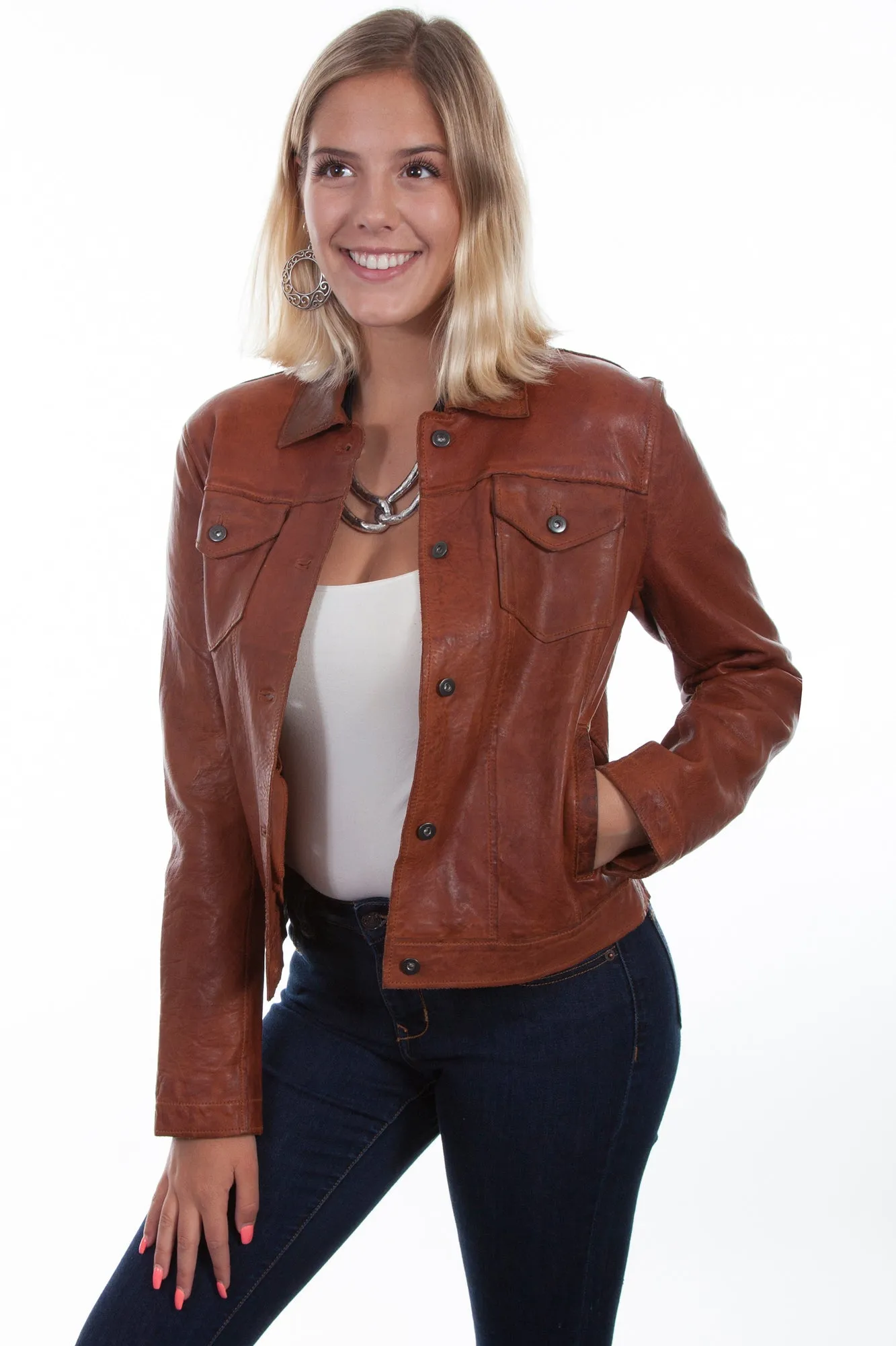Smart Casual Neutral Scully Womens Cognac Leather Jean Jacket M