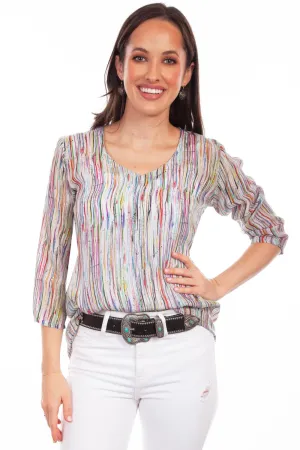 Scully Womens Colored Stripe Multi-Color Rayon S/S Blouse Handcrafted Detail Sustainable Weave Versatile Look Scully Womens Colored Stripe Multi-Color Rayon S/S Blouse