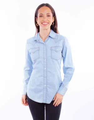 Scully Womens Contrast Thread Light Blue 100% Cotton L/S Shirt Stylish Choices Sporty Look Country Charm Scully Womens Contrast Thread Light Blue 100% Cotton L/S Shirt