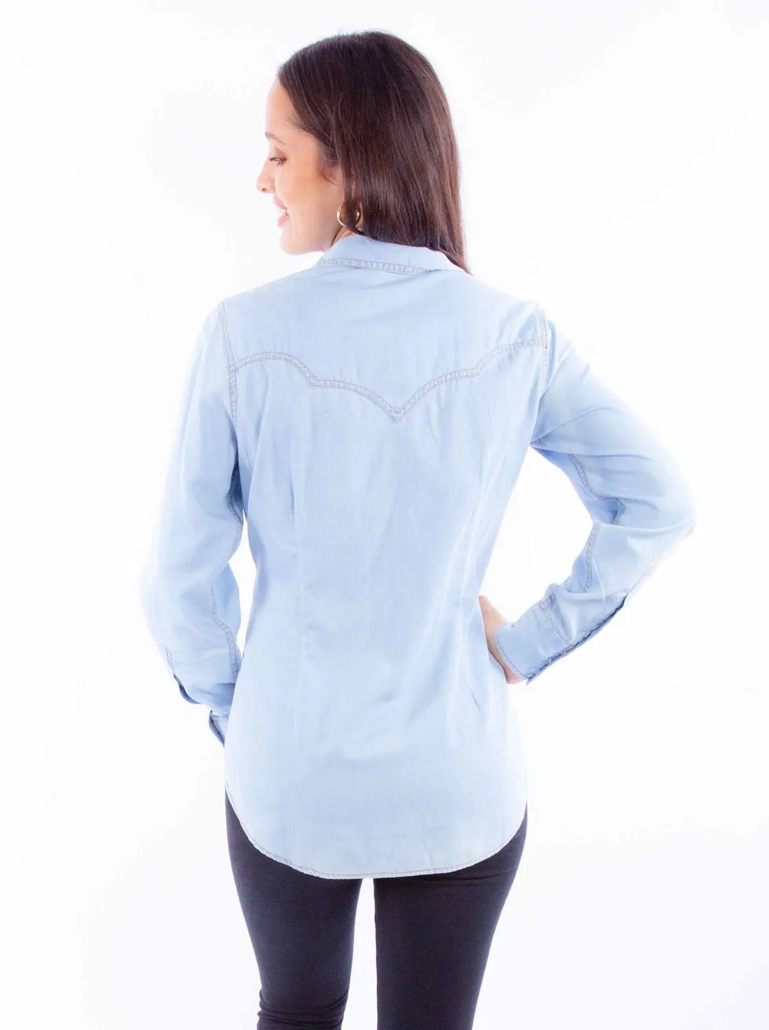Scully Womens Contrast Thread Light Blue 100% Cotton L/S Shirt Trendy Look