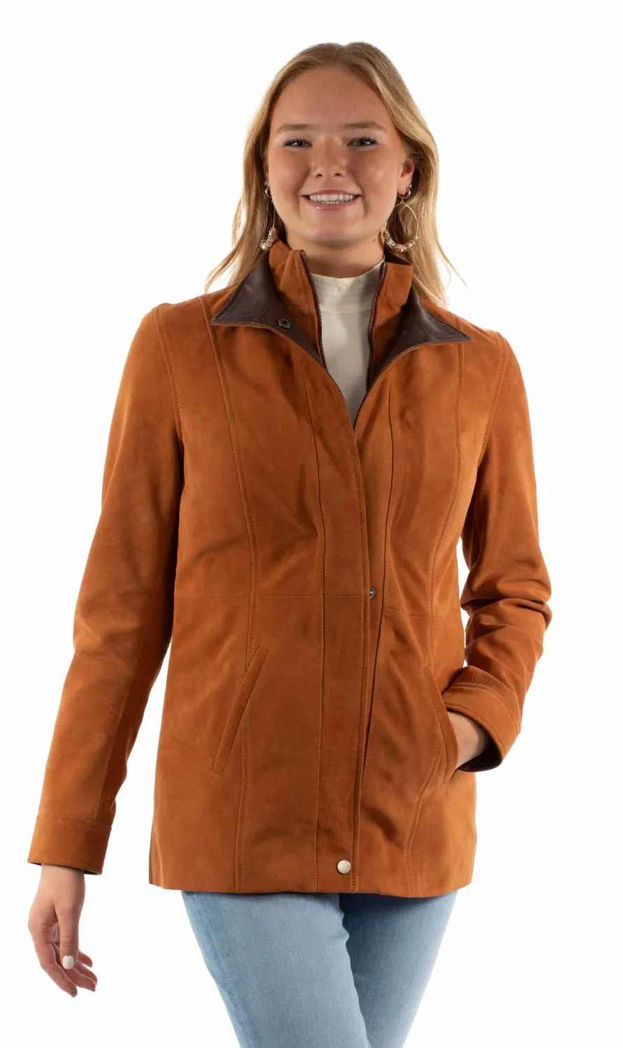 Scully Womens Contrasting Embellished Snap Tan Suede Leather Jacket Morning Stroll Stretch Fit And Easy