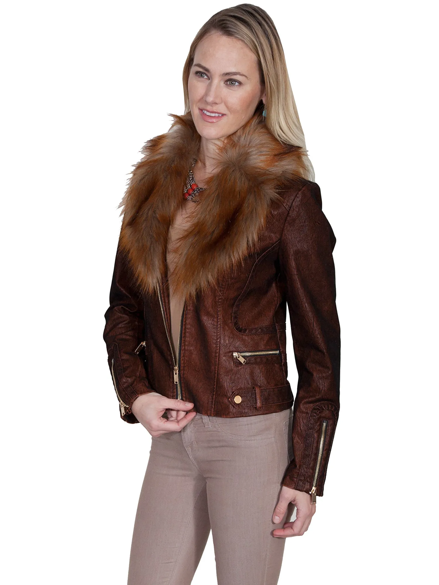 Stylish Casual Scully Womens Copper Faux Fur Moto Jacket