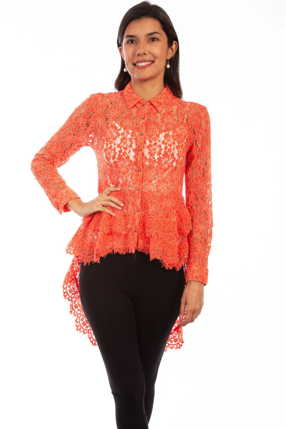 Scully Womens Coral Cotton Blend Double Ruffle L/S Blouse Versatile Winter Warmth Subtle Texture