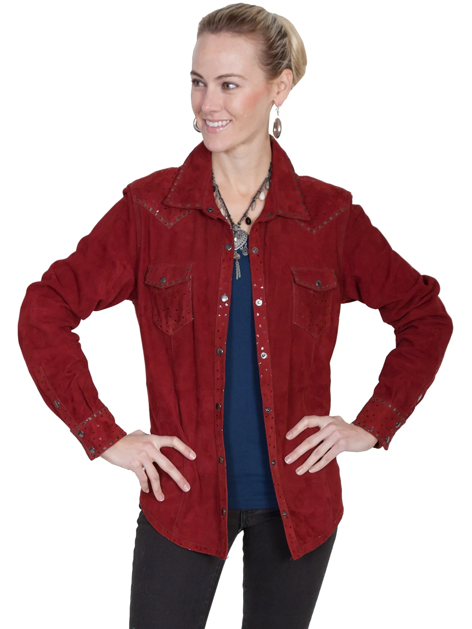 Zero Waste Pattern Design Urban appeal Scully Womens Cranberry Leather Shiny Stars Jacket