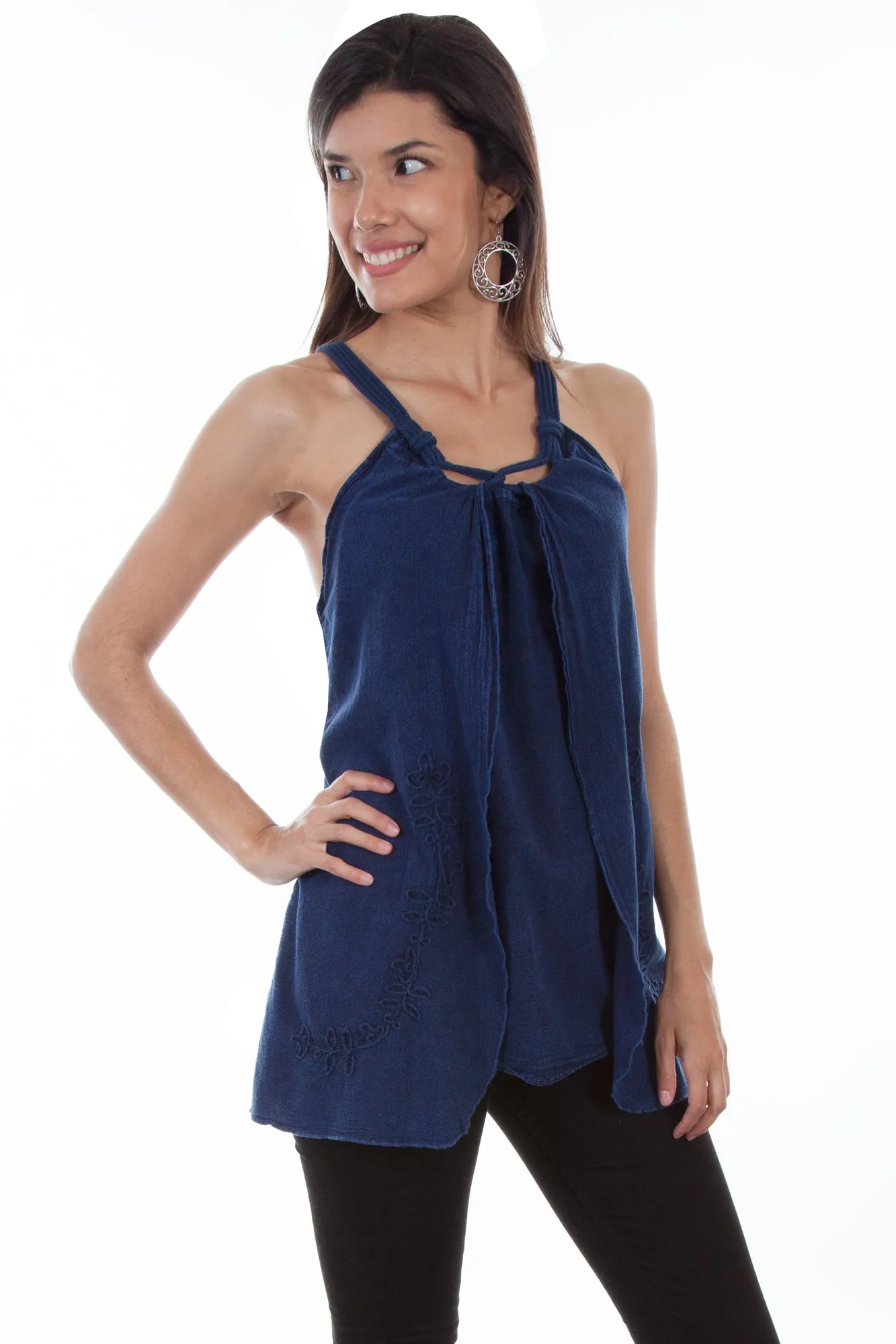 Scully Womens Dark Blue 100% Cotton Rope Strap S/L Tunic Moisture Management Tech