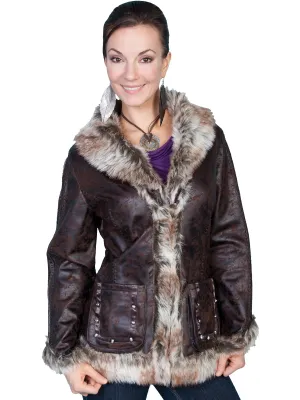 Scully Womens Dark Brown Faux Shearling Mottled Jacket Premium Quality Daily Wear Festival Outfit Pre Washed Denim Scully Womens Dark Brown Faux Shearling Mottled Jacket