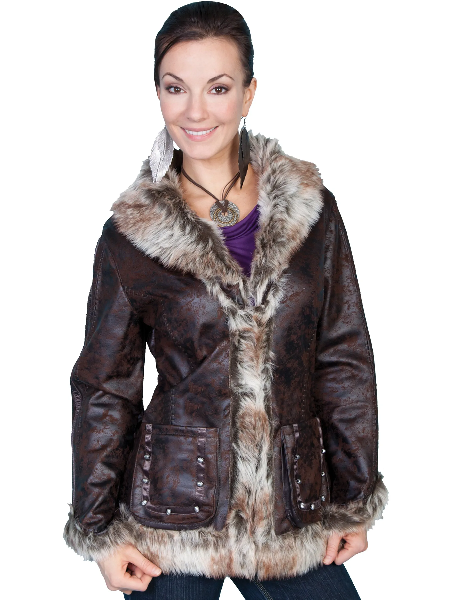 Scully Womens Dark Brown Faux Shearling Mottled Jacket Autumn Days Unisex Wear Teen Outfit