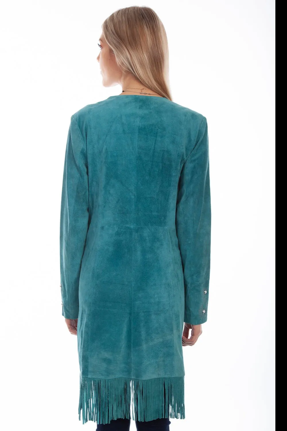 Scully Womens Dark Turquoise Leather Fringe Coat Jacket Functional Style
