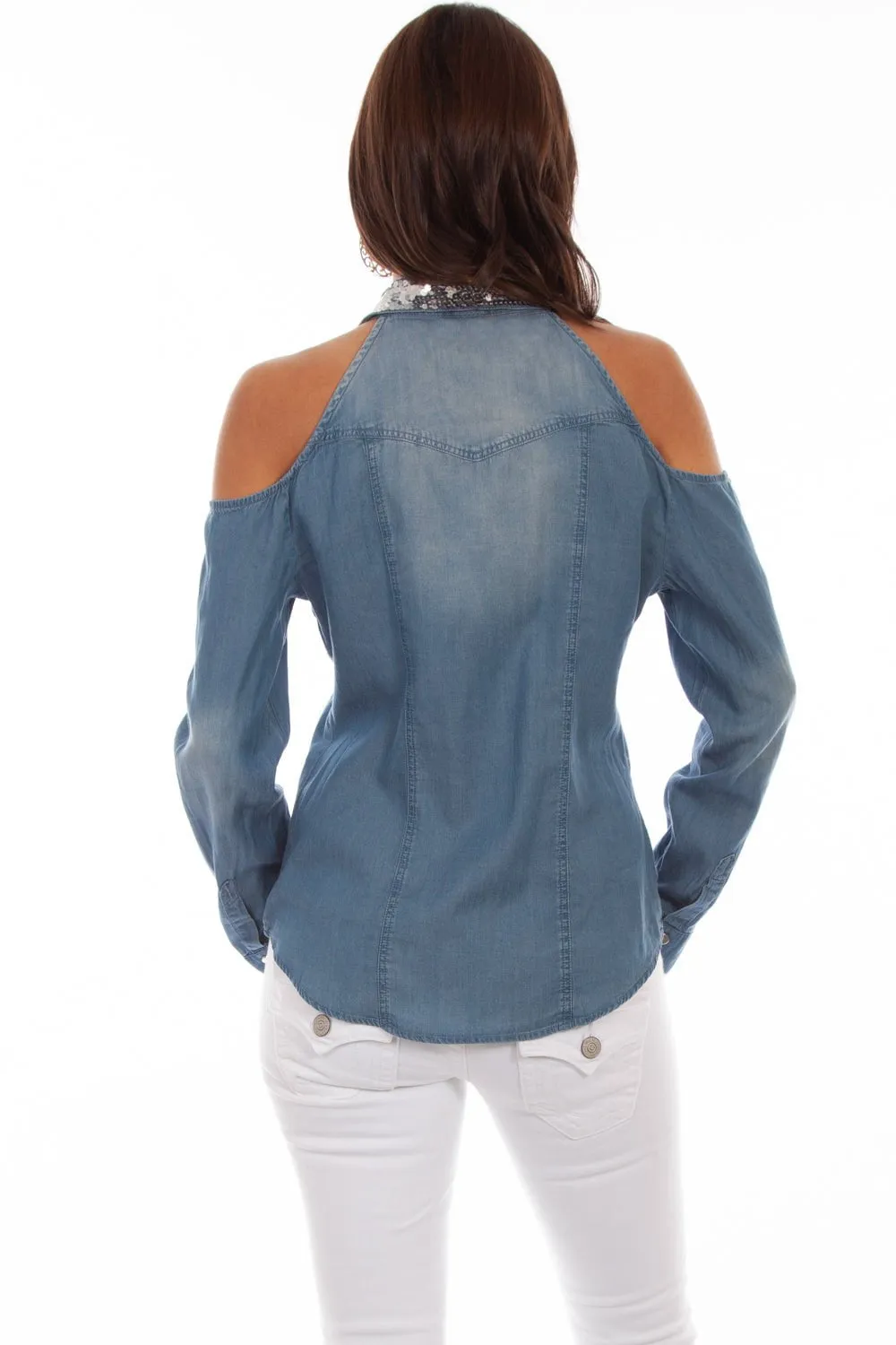 Scully Womens Denim 100% Cotton Open Shoulder L/S Shirt Go To Look Modern Casual