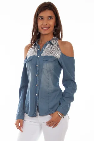 Scully Womens Denim 100% Cotton Open Shoulder L/S Shirt Essential Piece Breathable fabric One For All Scully Womens Denim 100% Cotton Open Shoulder L/S Shirt