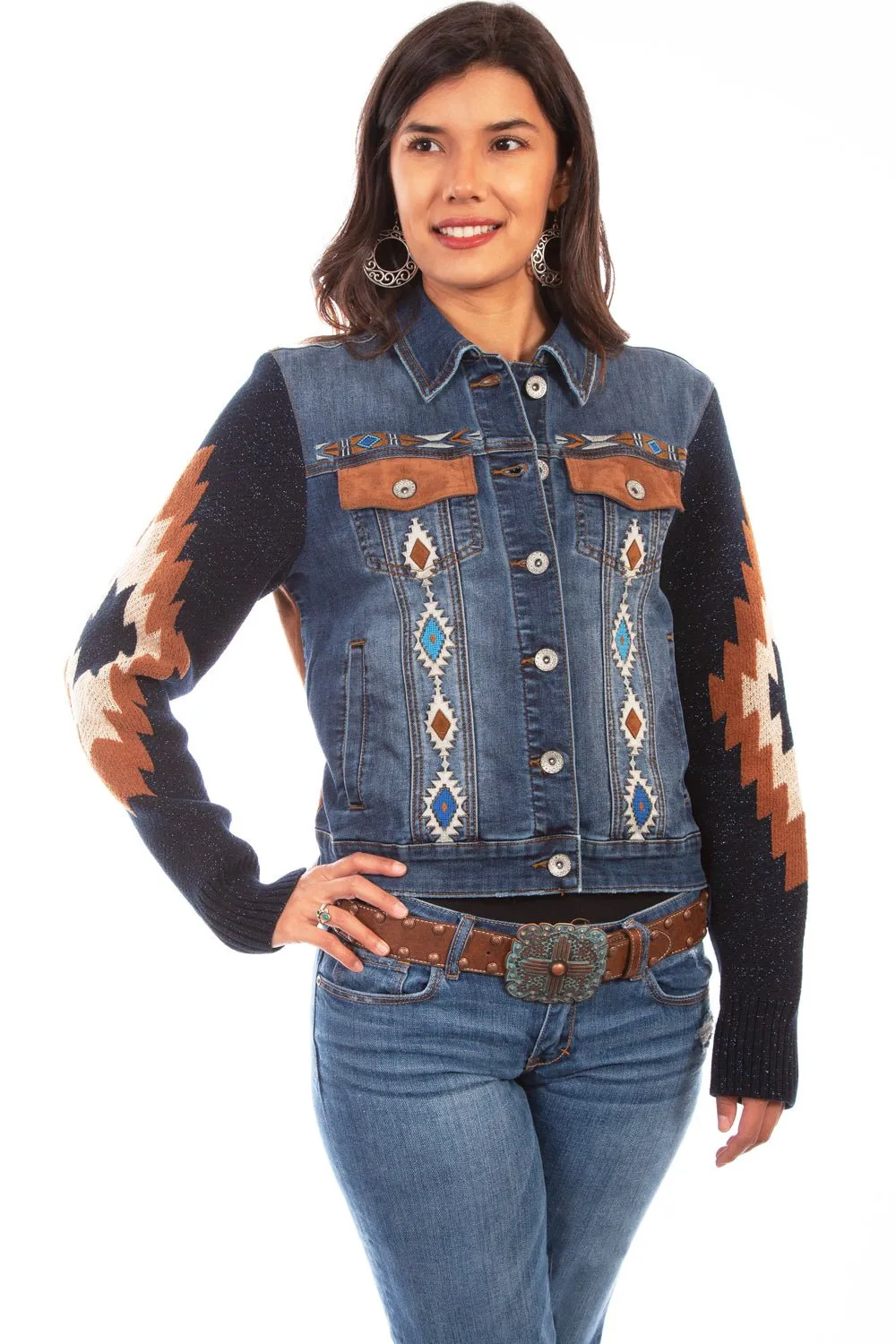Stylish Silhouette Scully Womens Denim Cotton Blend Aztec Embroidered Jacket