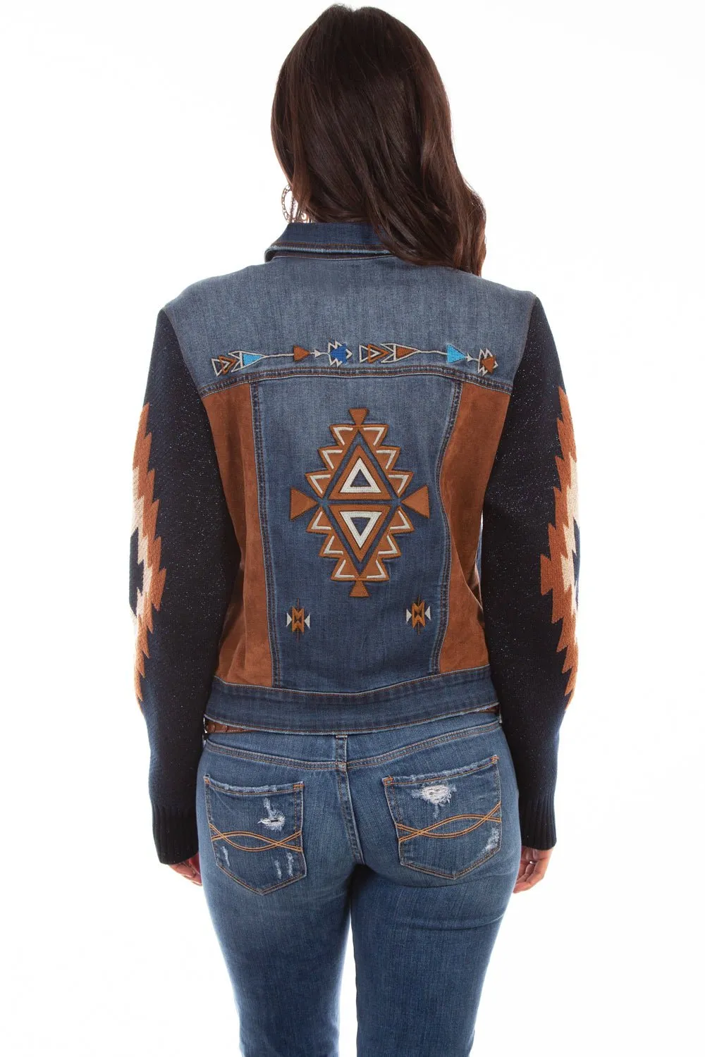 Scully Womens Denim Cotton Blend Aztec Embroidered Jacket Sanded Seam Comfort Streetwear Mood