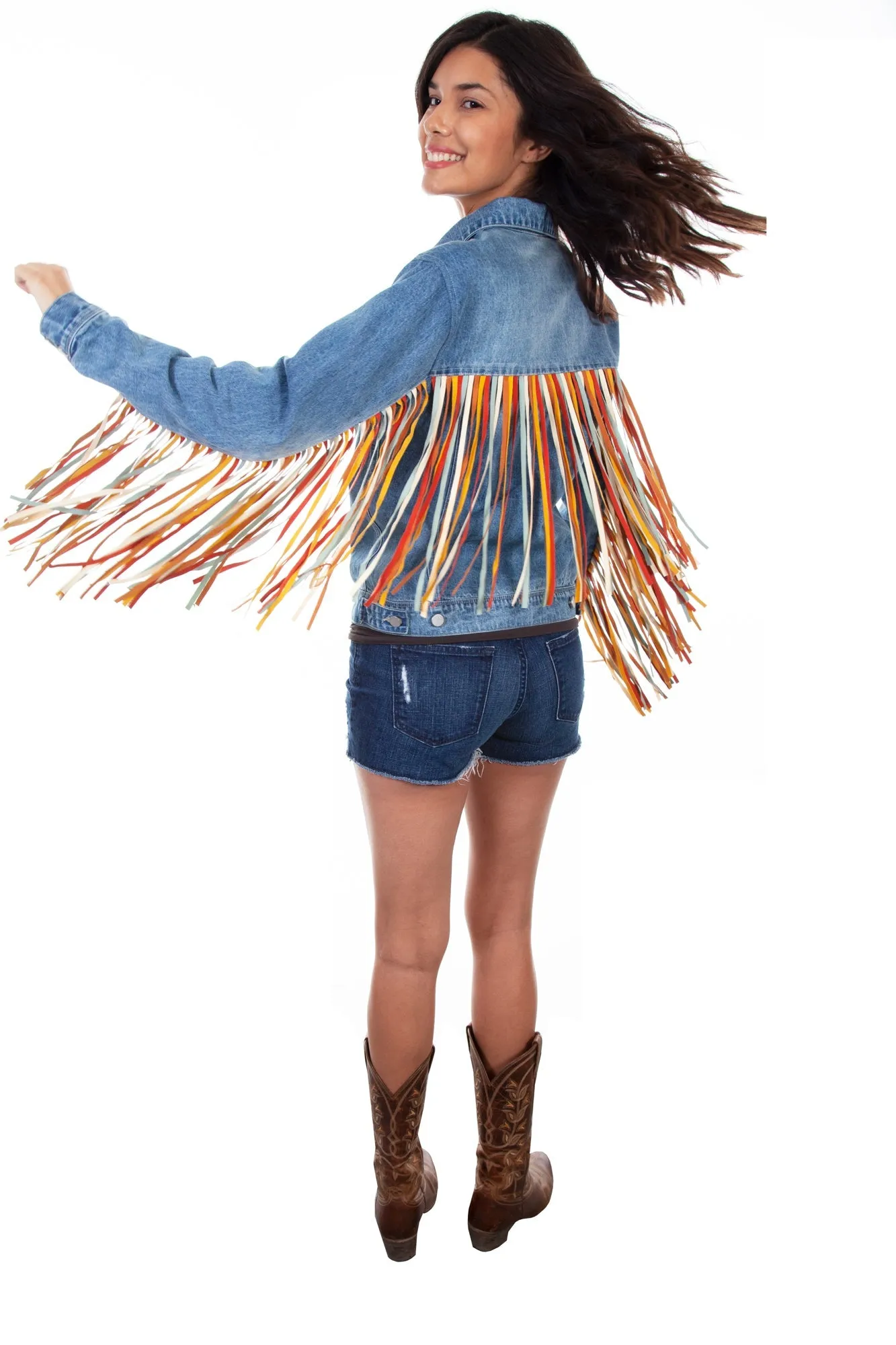 Scully Womens Denim Cotton Blend Fringe Jean Jacket Active Fit Heavy Duty Zipper Mechanism