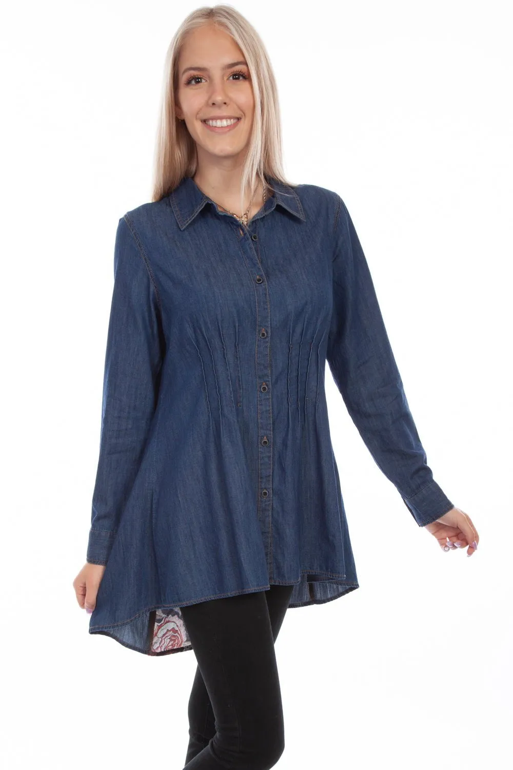Scully Womens Denim Cotton Blend Lace Back L/S Shirt Fashion Essential