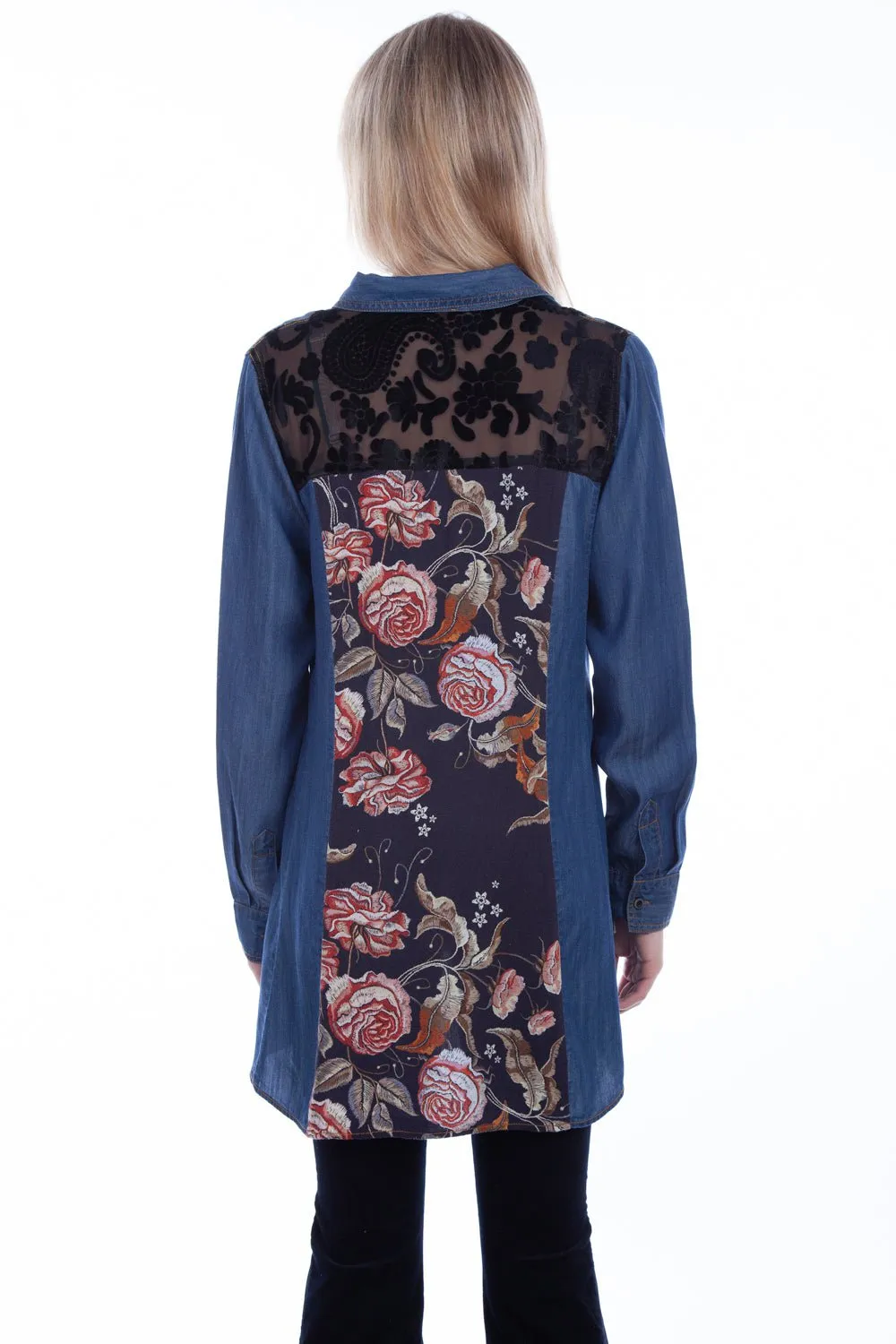 Scully Womens Denim Cotton Blend Lace Back L/S Shirt Cool Texture Closet Staple