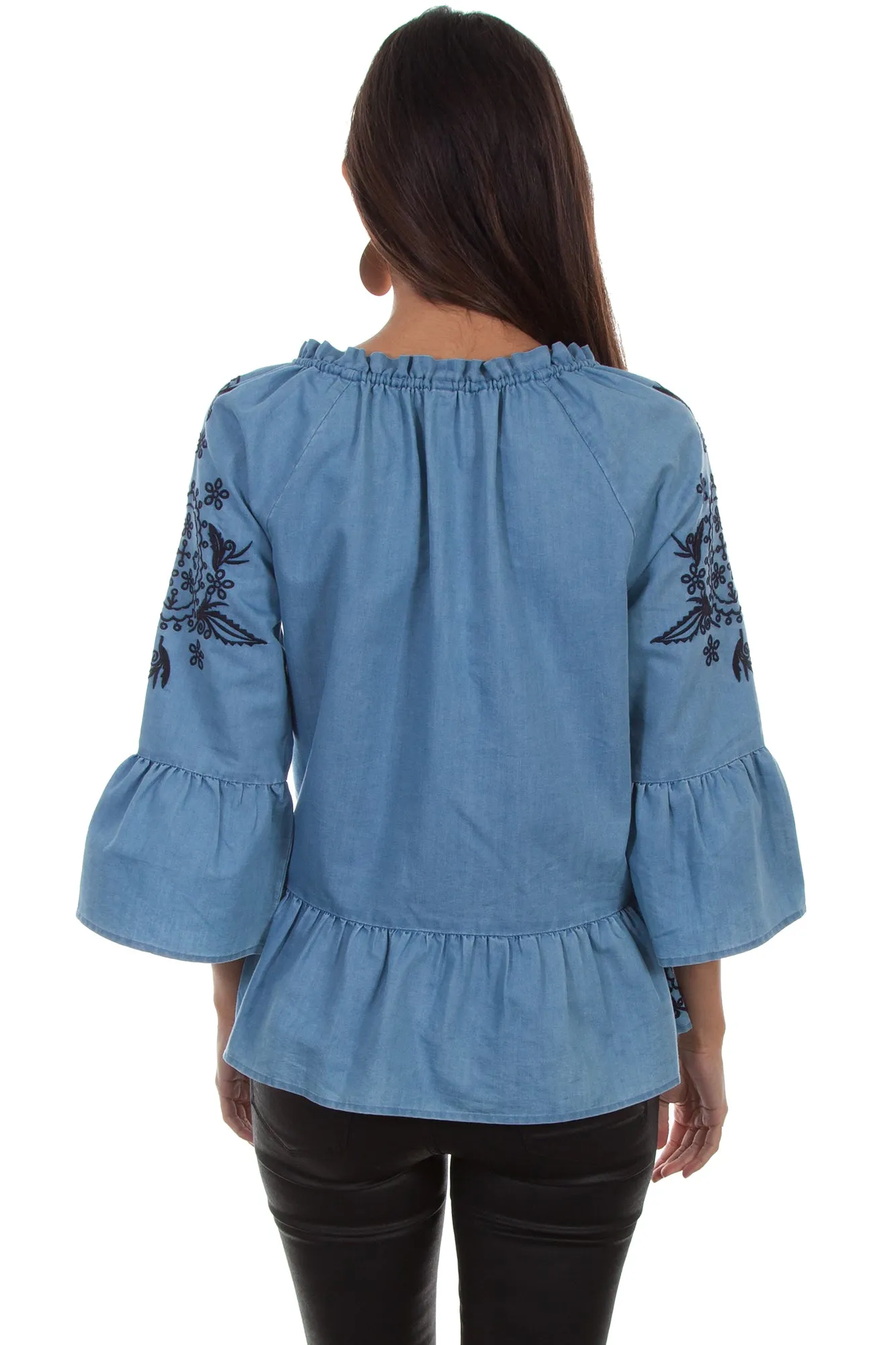 Lightweight Wear Shimmer Effect Scully Womens Denim Cotton Blend Peplum S/S Blouse