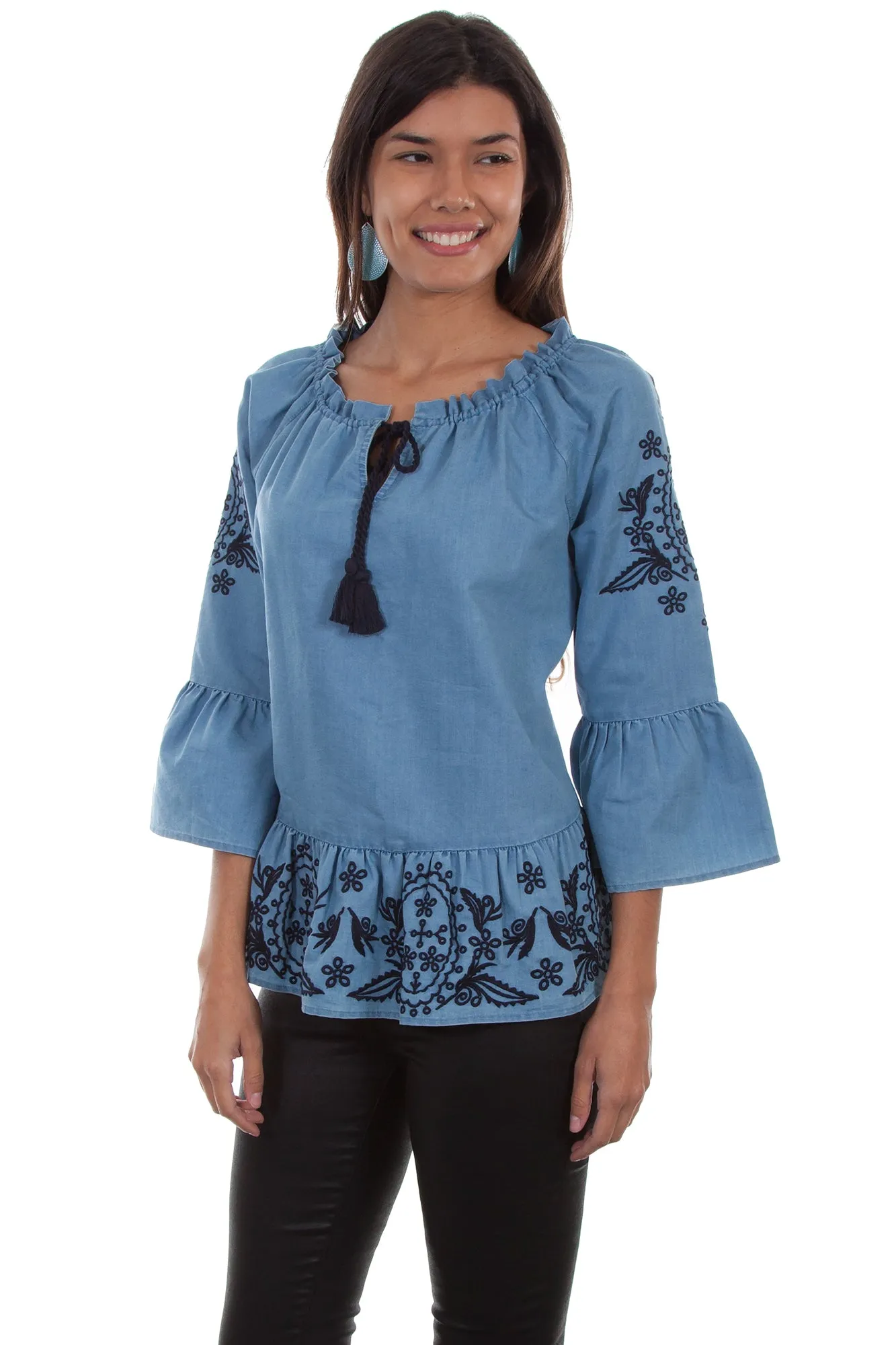 Scully Womens Denim Cotton Blend Peplum S/S Blouse Graduation Attire