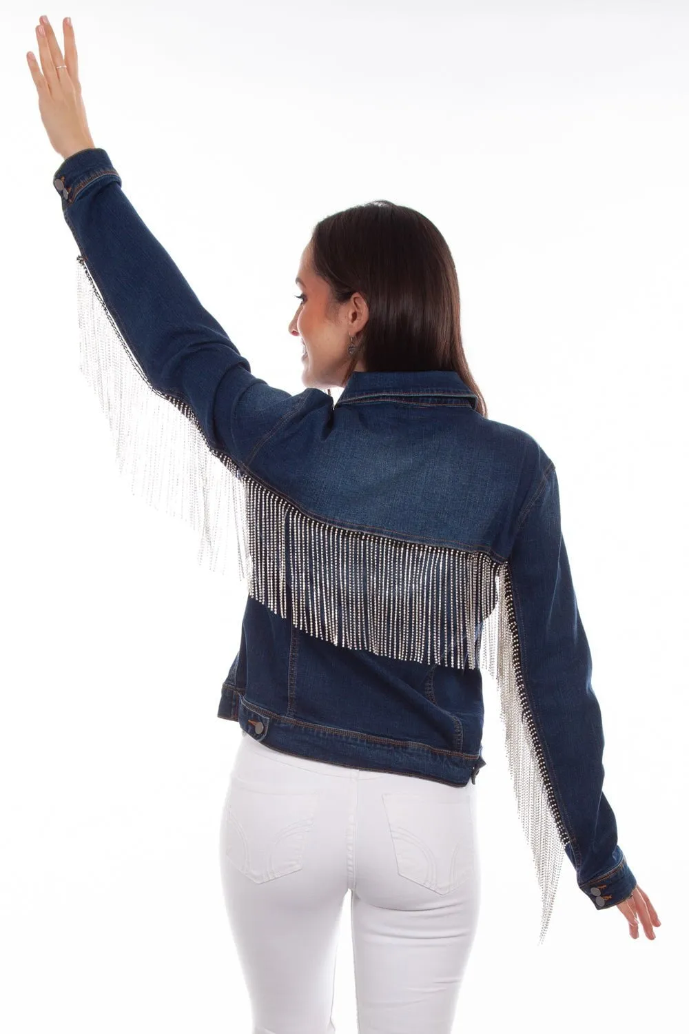 Streetwear Fan Night Out Scully Womens Denim Cotton Blend Rhinestone Fringe Jacket