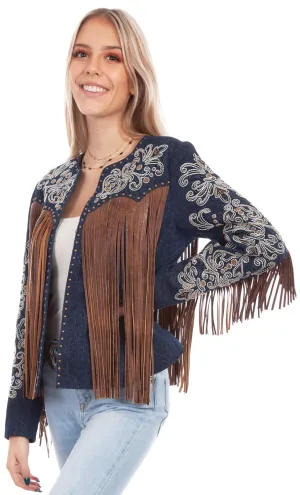 Scully Womens Denim Leather Beaded Fringe Jacket Reinforced Seam Scully Womens Denim Leather Beaded Fringe Jacket Smart Basic Modern Silhouette