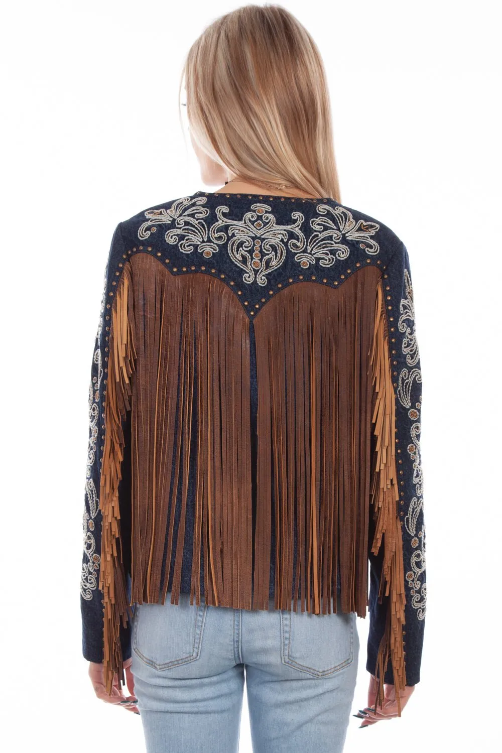Scully Womens Denim Leather Beaded Fringe Jacket Anti Bacterial Treatment No Fuss Fit