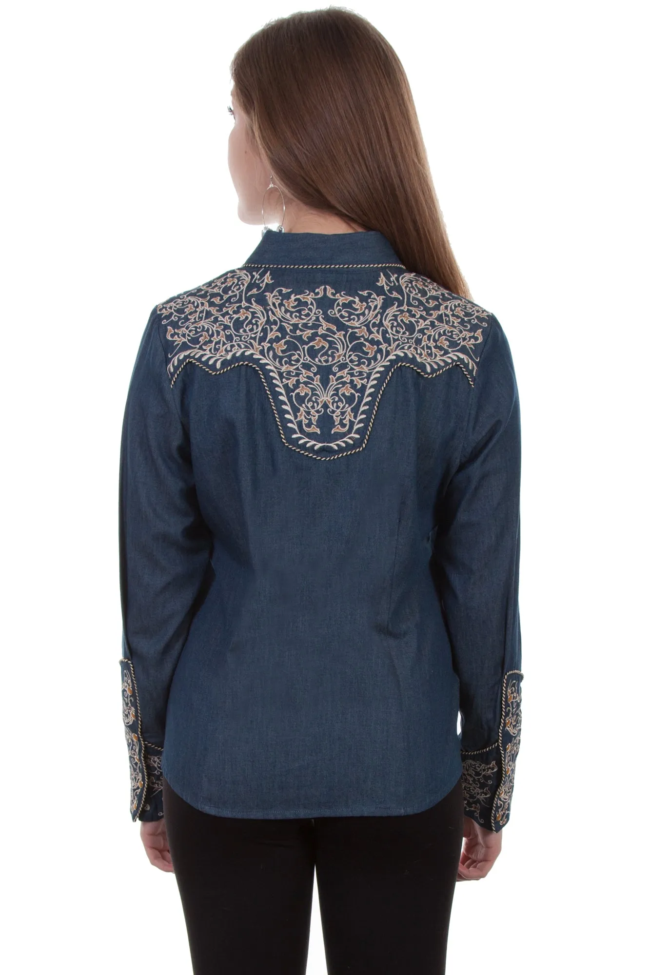 Scully Womens Denim Poly/Rayon Scroll L/S Blouse Flex Look