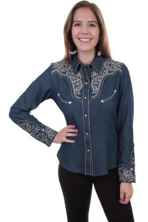 Scully Womens Denim Poly/Rayon Scroll L/S Blouse Durable Statement Scully Womens Denim Poly/Rayon Scroll L/S Blouse High Waist Travel Ready
