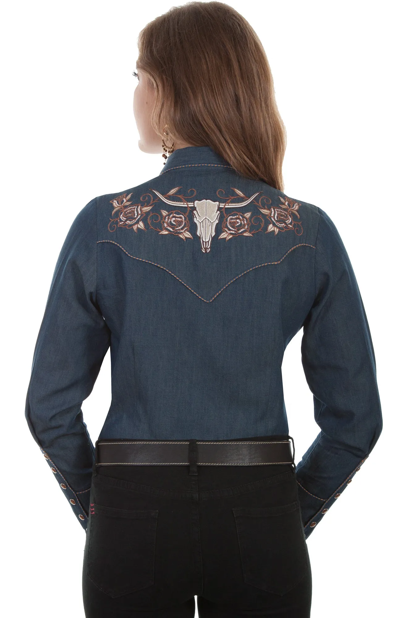 Everyday Comfort Wear Scully Womens Denim Poly/Rayon Skull & Roses L/S Blouse