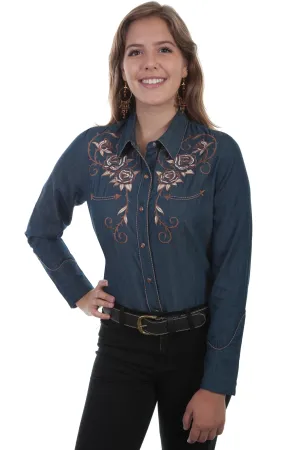 Scully Womens Denim Poly/Rayon Skull & Roses L/S Blouse Sporty Trend Casual Fit Scully Womens Denim Poly/Rayon Skull & Roses L/S Blouse