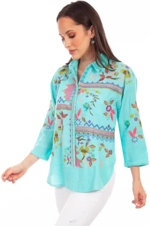 Scully Womens Double Gauze Turquoise 100% Cotton S/S Blouse Magnetic Button Scully Womens Double Gauze Turquoise 100% Cotton S/S Blouse Chic Wardrobe Abstract print