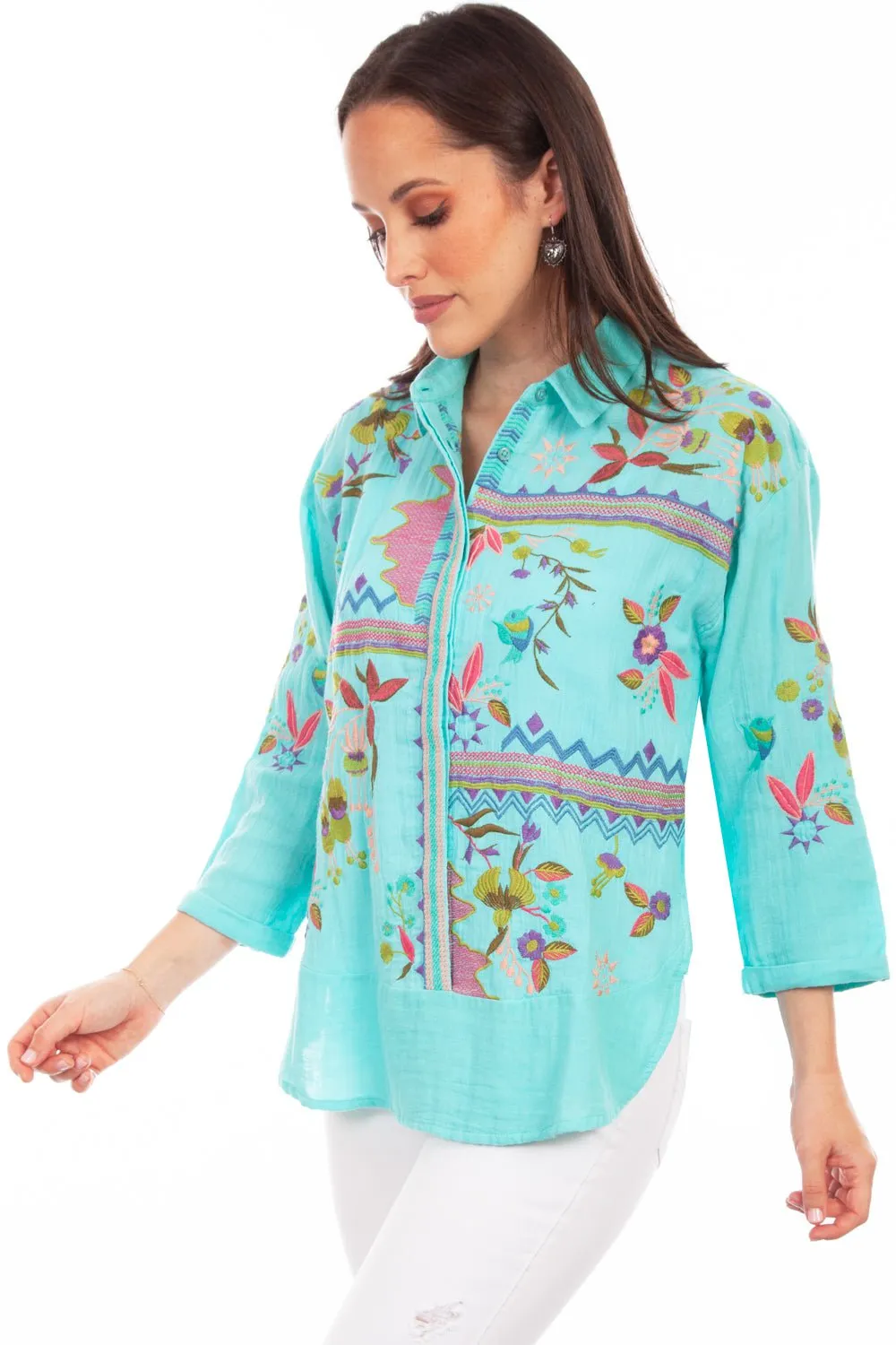Scully Womens Double Gauze Turquoise 100% Cotton S/S Blouse Chic Wardrobe Abstract print