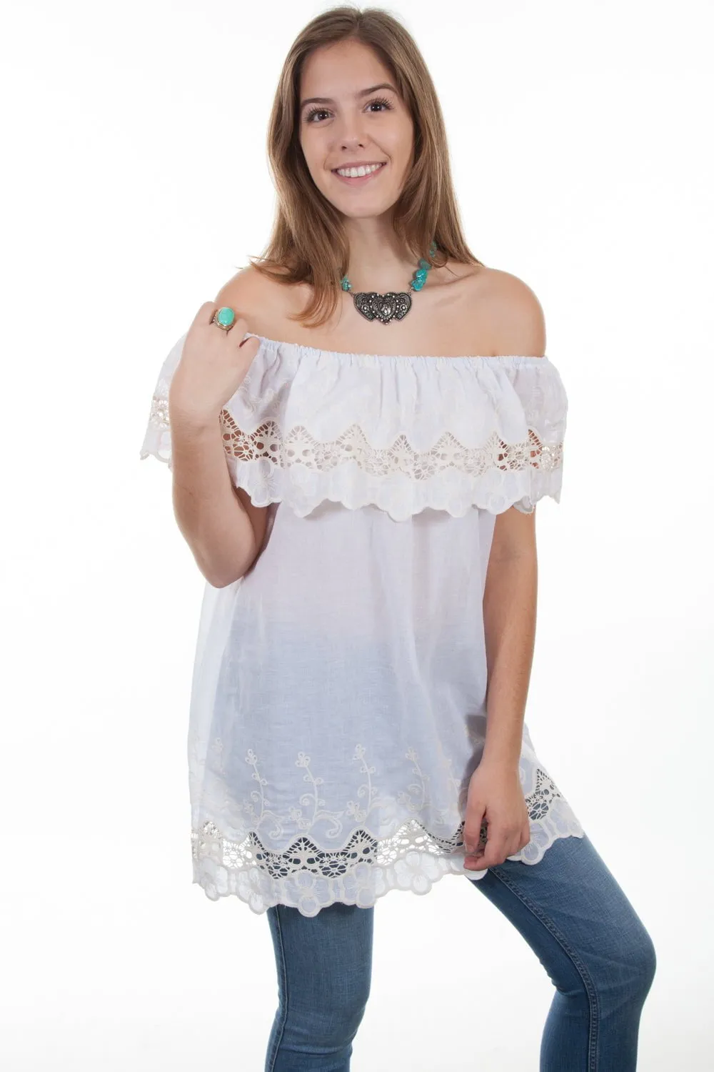 Scully Womens Ecru 100% Cotton Crochet Peasant S/S Blouse Comfort Fit