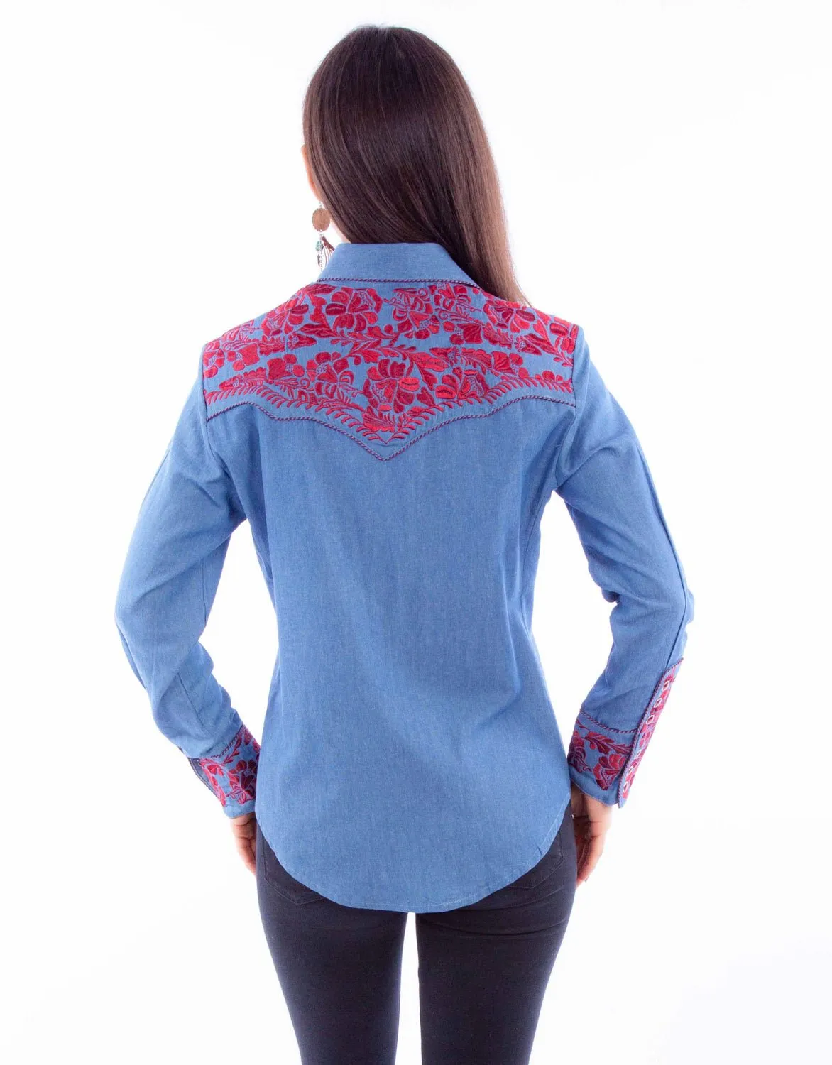 Neutral Tones Casual Look Scully Womens Embroidered Floral Blue/Cranberry Poly/Rayon L/S Shirt