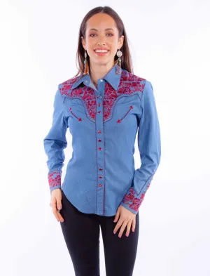 Scully Womens Embroidered Floral Blue/Cranberry Poly/Rayon L/S Shirt Matte Texture Scully Womens Embroidered Floral Blue/Cranberry Poly/Rayon L/S Shirt Adjustable Cuffs Mountain Escape