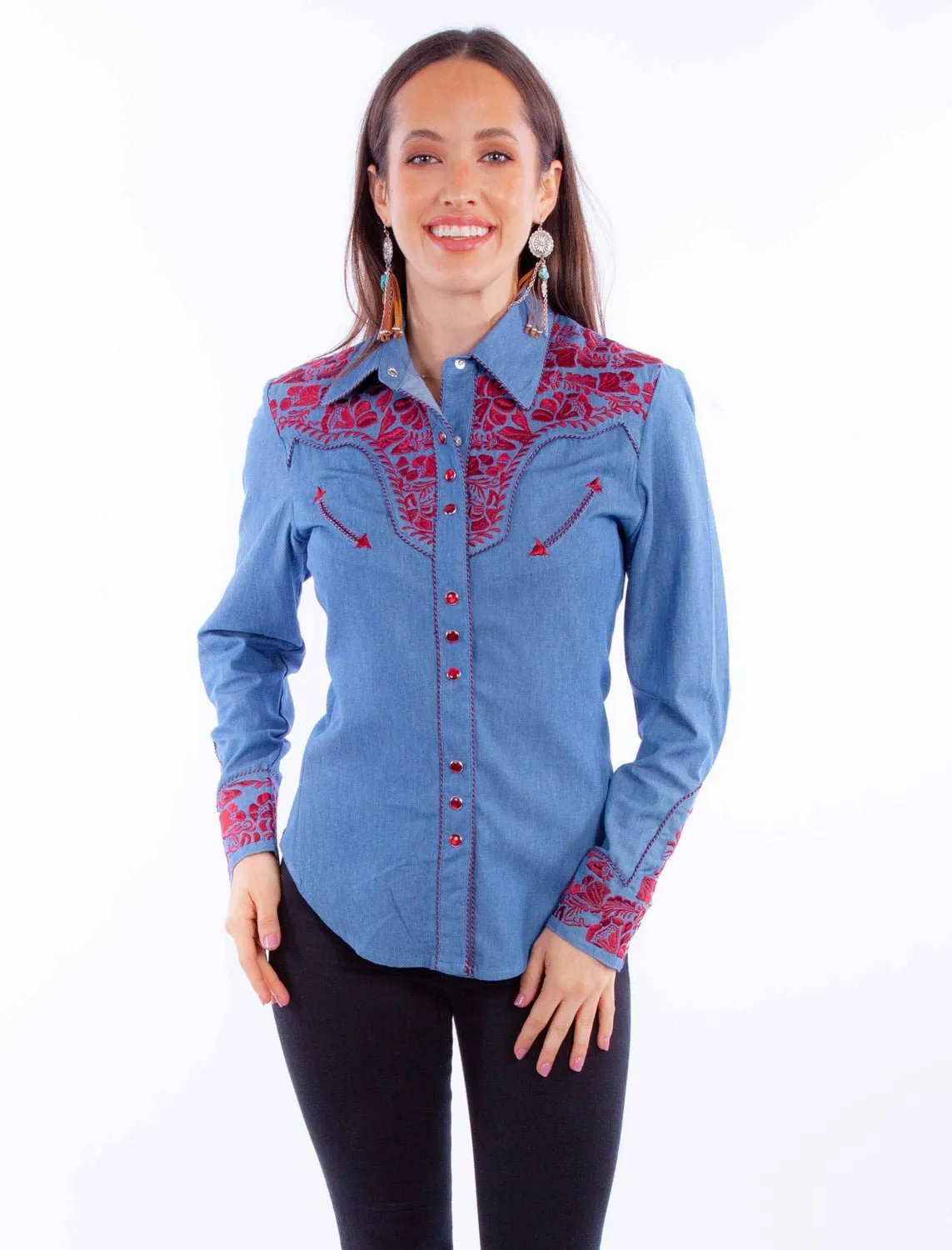 Scully Womens Embroidered Floral Blue/Cranberry Poly/Rayon L/S Shirt Adjustable Cuffs Mountain Escape