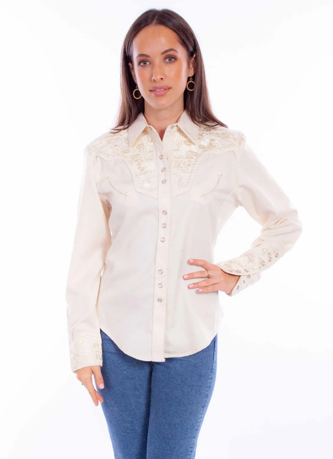 Scully Womens Embroidered Floral Ivory Poly/Rayon L/S Shirt S Streetwear Fan Minimalist Style