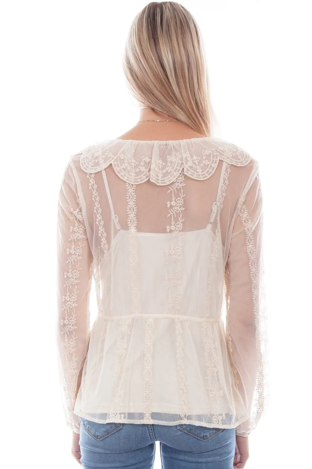 Scully Womens Embroidered Mesh Tie Front Ivory 100% Polyester L/S Blouse Relaxed Fit
