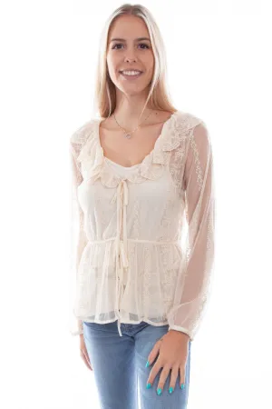 Scully Womens Embroidered Mesh Tie Front Ivory 100% Polyester L/S Blouse Classic Cuts Warm Weather Wear Tailored Cut Scully Womens Embroidered Mesh Tie Front Ivory 100% Polyester L/S Blouse