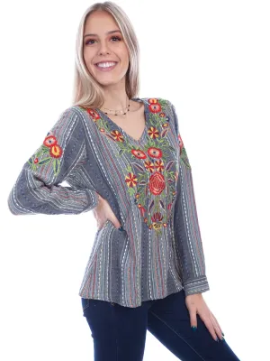 Scully Womens Embroidered Stripe Charcoal 100% Cotton L/S Blouse Oversized style Scully Womens Embroidered Stripe Charcoal 100% Cotton L/S Blouse Work From Home Seamless Sides