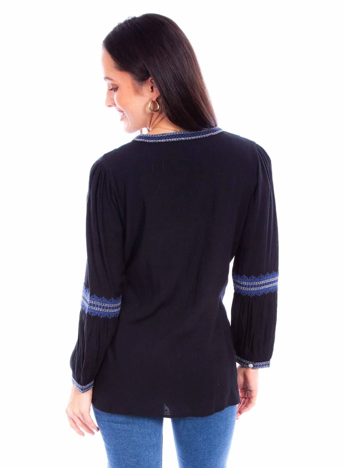 Weekend Vibes Standalone Option Scully Womens Embroidered Tie Front Black 100% Cotton L/S Blouse