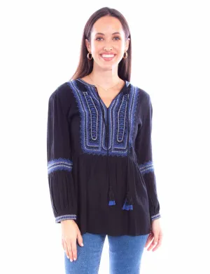Scully Womens Embroidered Tie Front Black 100% Cotton L/S Blouse Neutral Tones Tailored Cuffs Trendy Comfort Scully Womens Embroidered Tie Front Black 100% Cotton L/S Blouse