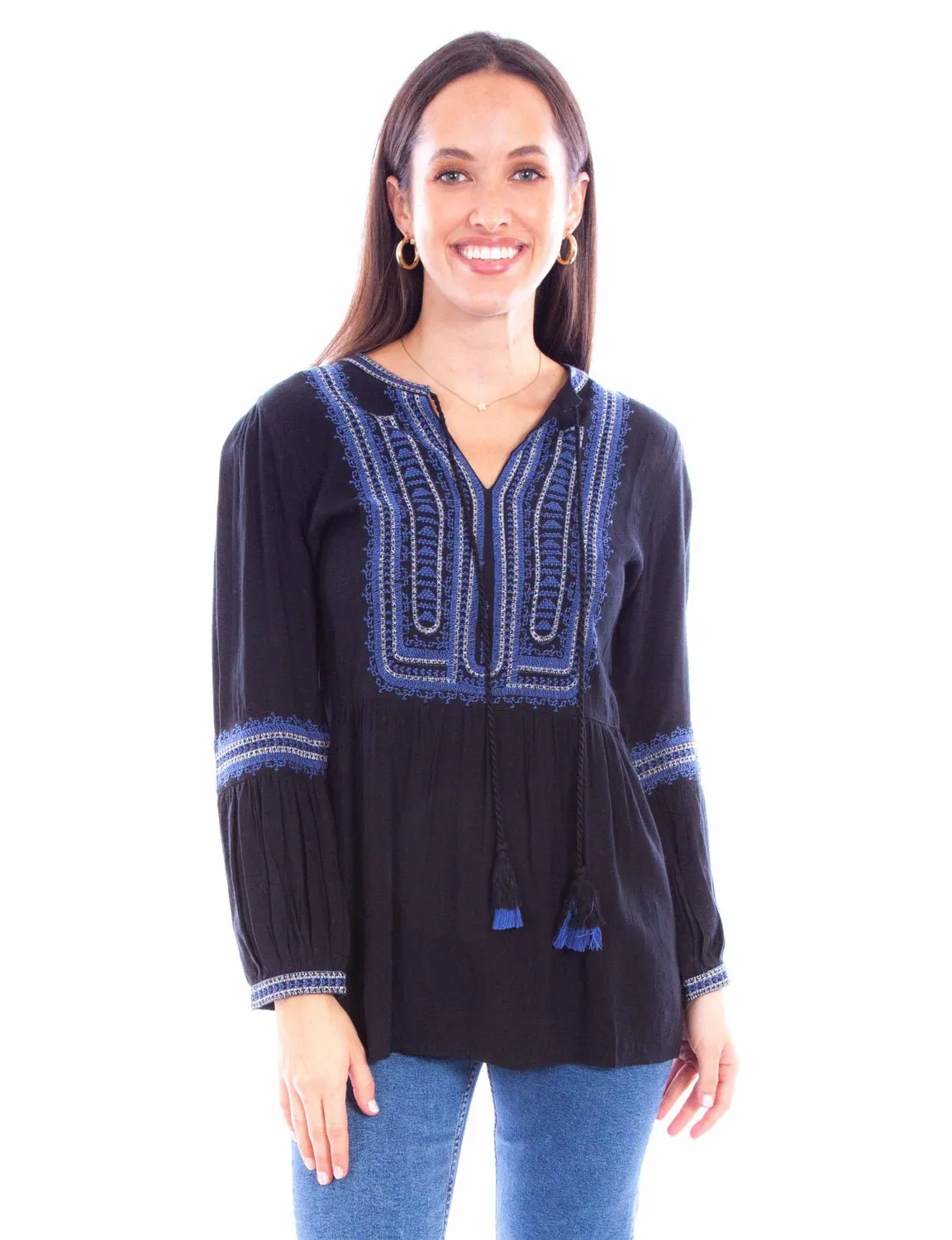 Adjustable Cuff Closure Scully Womens Embroidered Tie Front Black 100% Cotton L/S Blouse