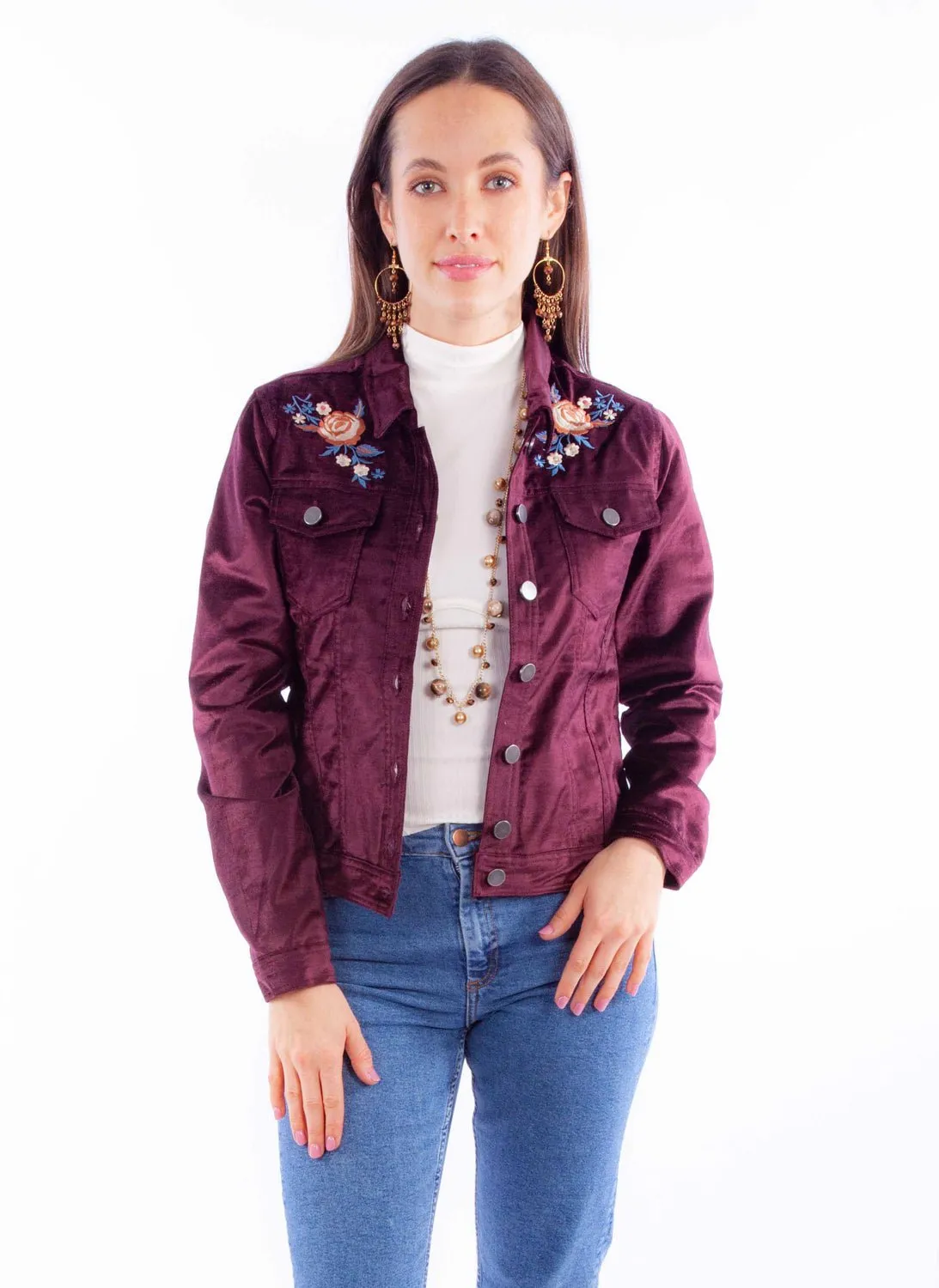 Versatile Weekend Style Tagless Design Scully Womens Embroidered Velvet Burgundy Cotton Blend Cotton Jacket