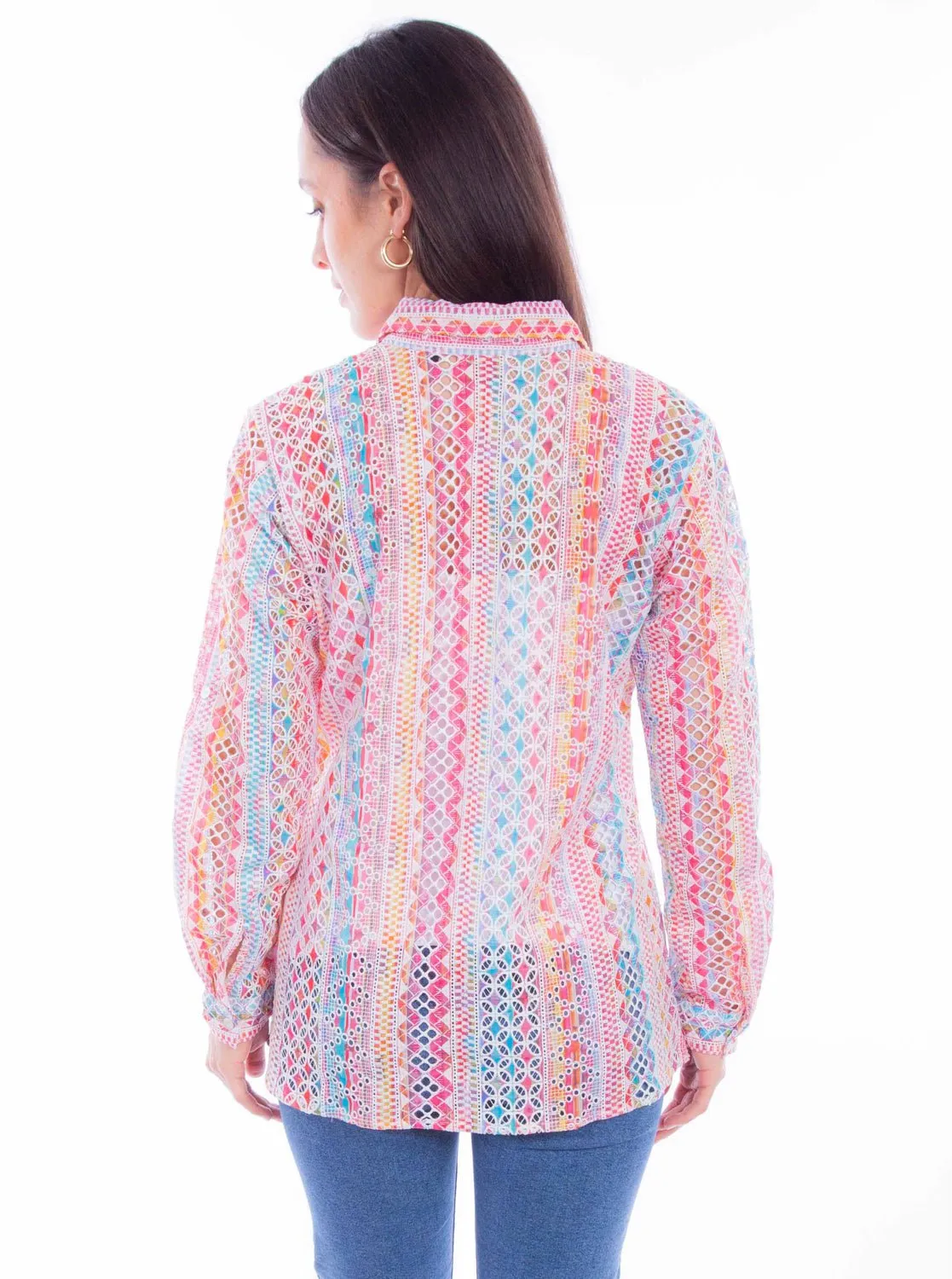 Scully Womens Eyelet Button Pink 100% Cotton L/S Blouse Lace Accent