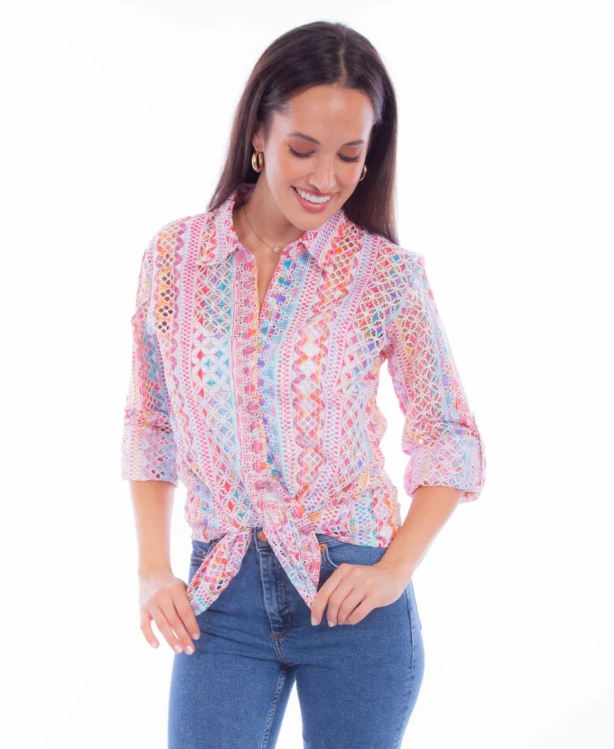 Summer Fashion Scully Womens Eyelet Button Pink 100% Cotton L/S Blouse