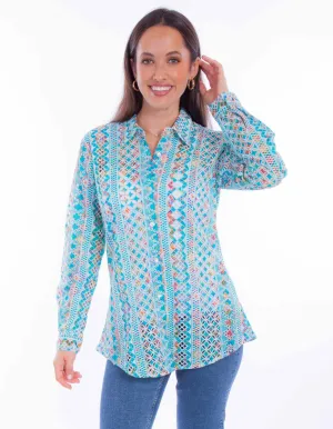 Scully Womens Eyelet Button Turquoise 100% Cotton L/S Blouse Recycled Polyester Stylish Design Scully Womens Eyelet Button Turquoise 100% Cotton L/S Blouse